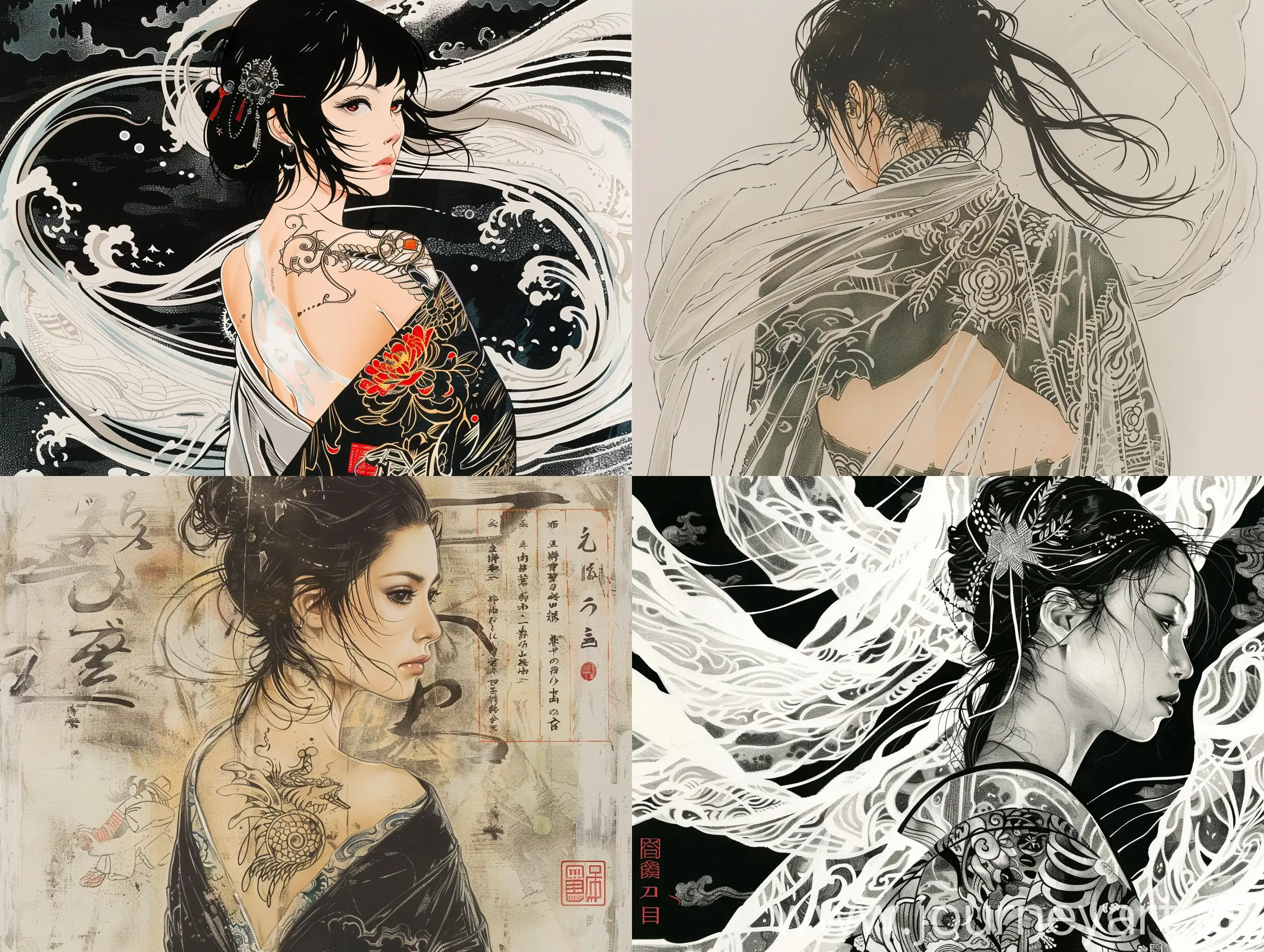 Japanese-Woman-with-Ukiyoe-Style-Diva-Tattoo-in-Translucent-White-Gauze