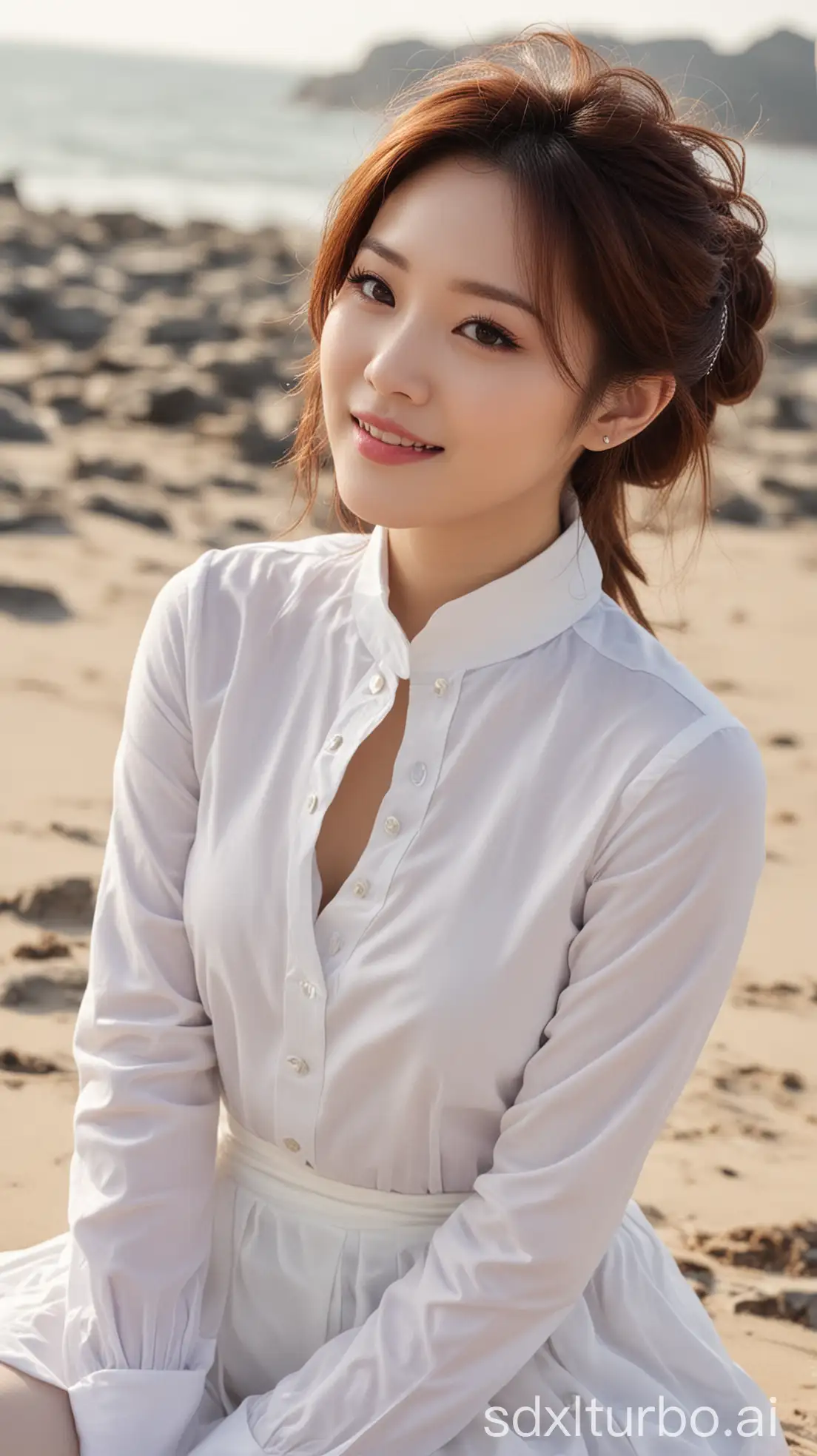 Chinese singer, Wang Fei, fair skin, sexy sweet smile, brown hair, full makeup white, winter tight-fitting white high collar shirt, sitting on the beach, beautiful back view