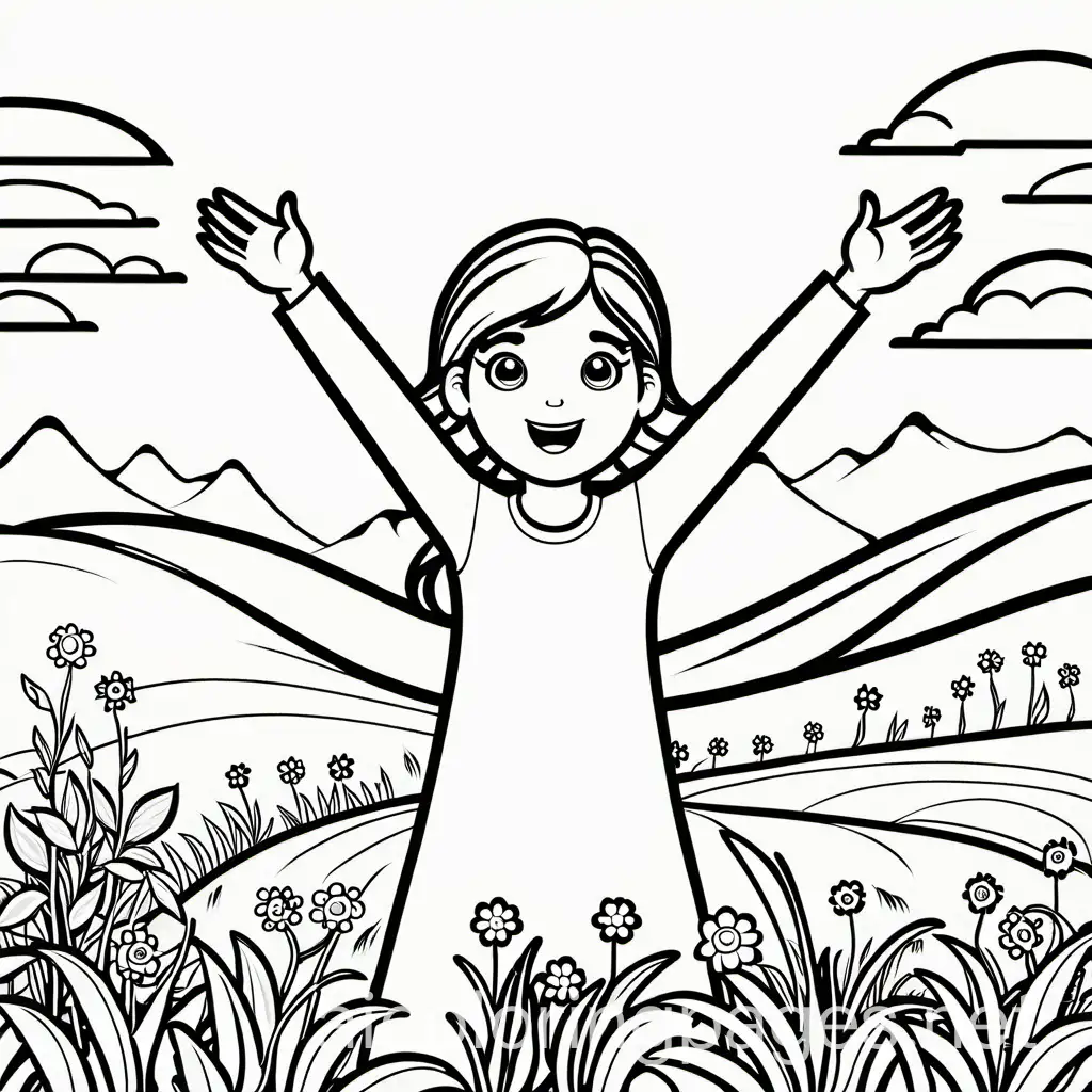 Girl-in-Meadow-Praising-with-Hands-Up-Coloring-Page