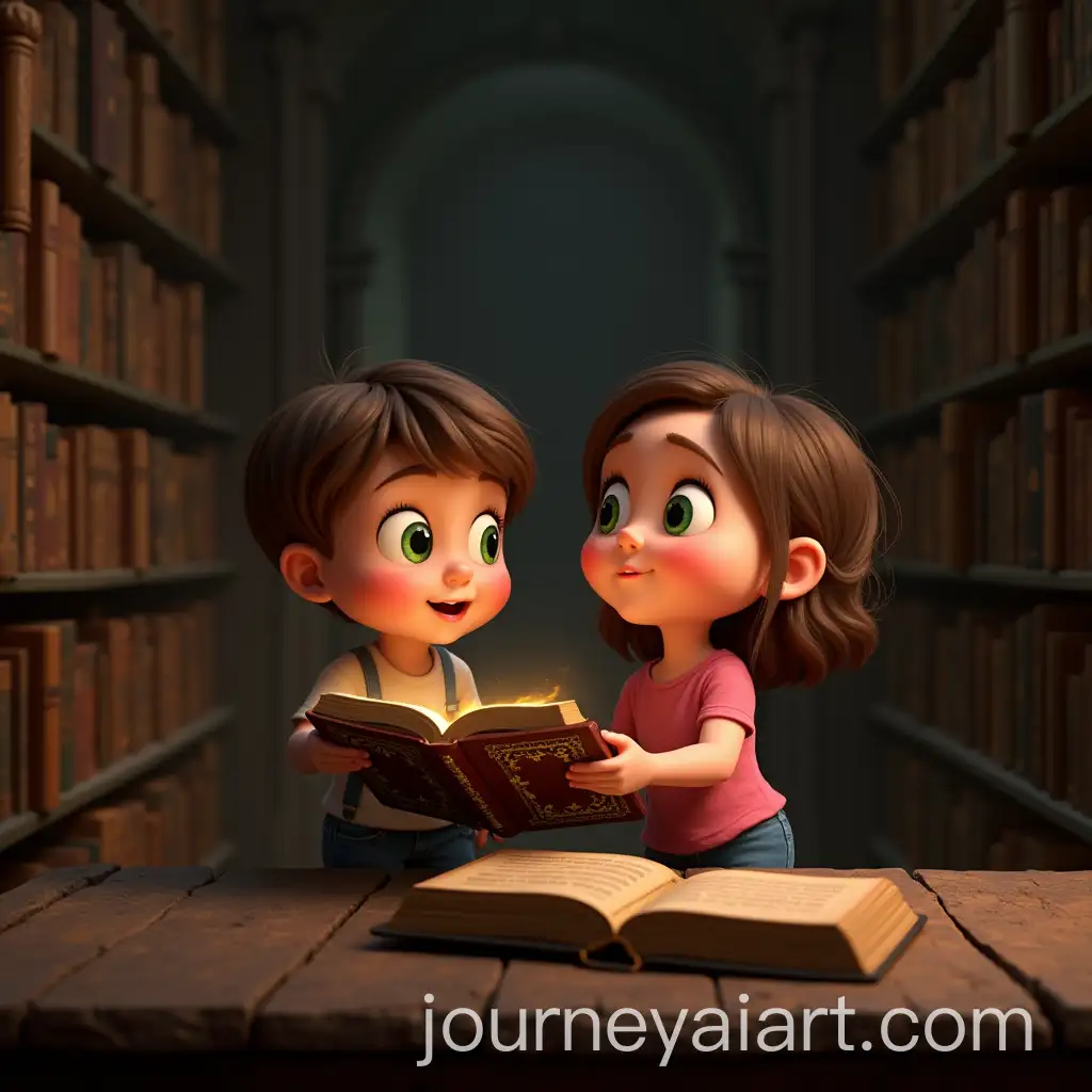 Children-Exploring-a-Magical-Ancient-Library-with-Glowing-Book