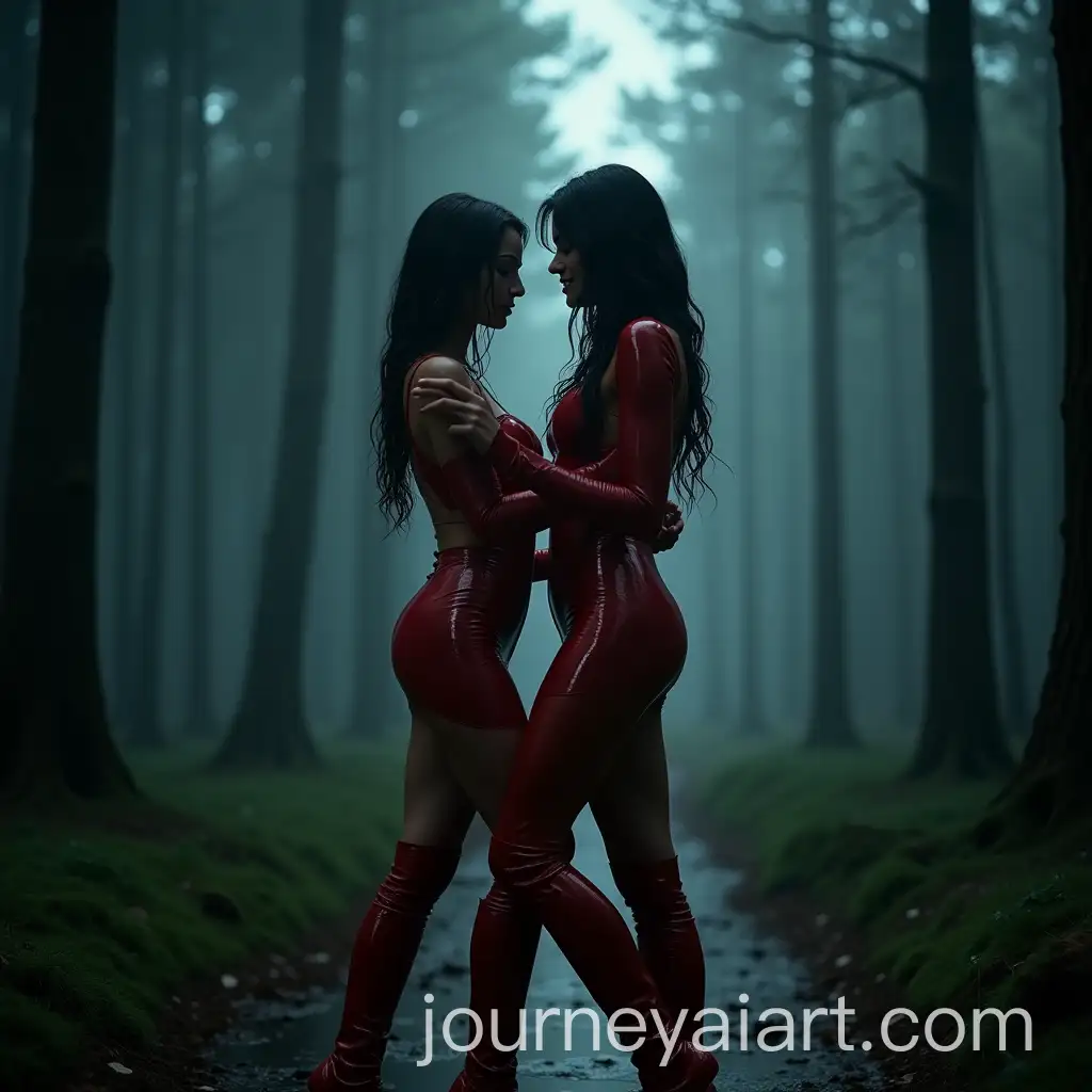 Two-Women-Dancing-in-Red-Latex-Suits-in-a-Dark-Romantic-Forest