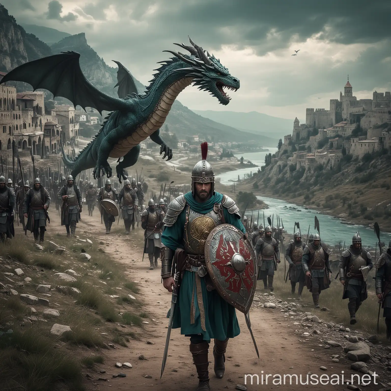 Varangian Guard Marching Through Valley with Dragon Overhead