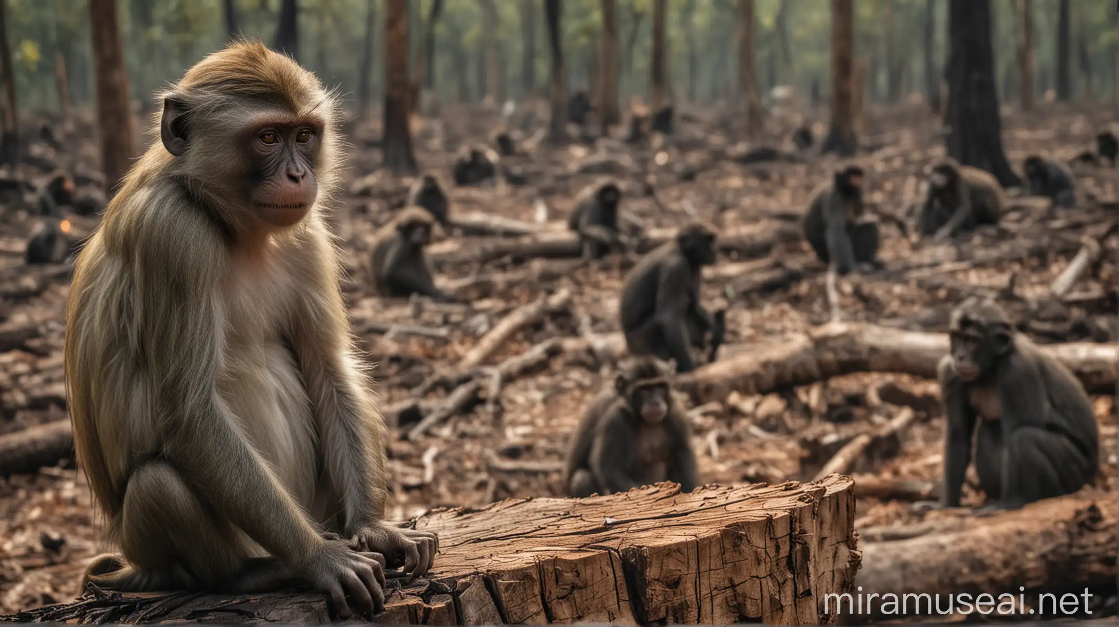 Sad Monkey on Charred Tree Stump in Deforested Forest