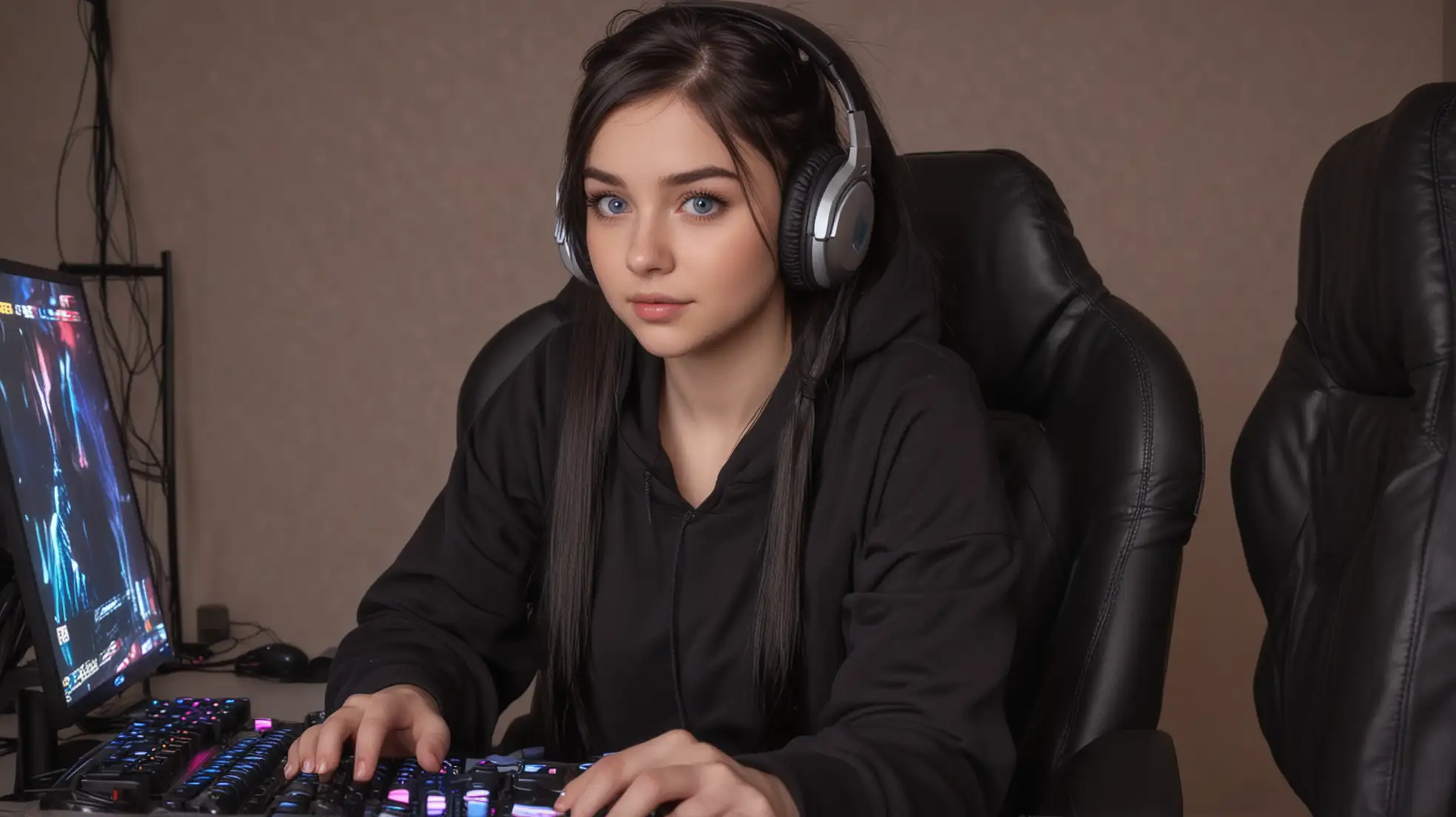 Young-Female-Streamer-in-Cozy-Gaming-Setup-with-Dim-Lighting