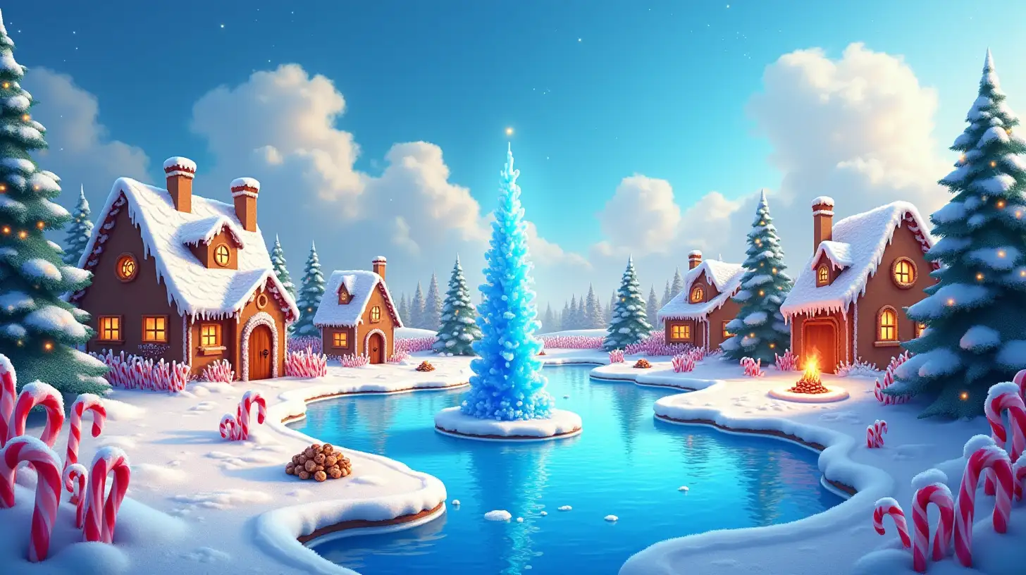 Magical land with bright blue sky and white clouds. Ginger bread houses within a sugar village covered in icing candy roofs and  jellybean sidewalks around a a blue ice-frozen waters-fountain. Candy canes. Colorful-Christmas lights sparkling on trees. Neighborhood campfire.