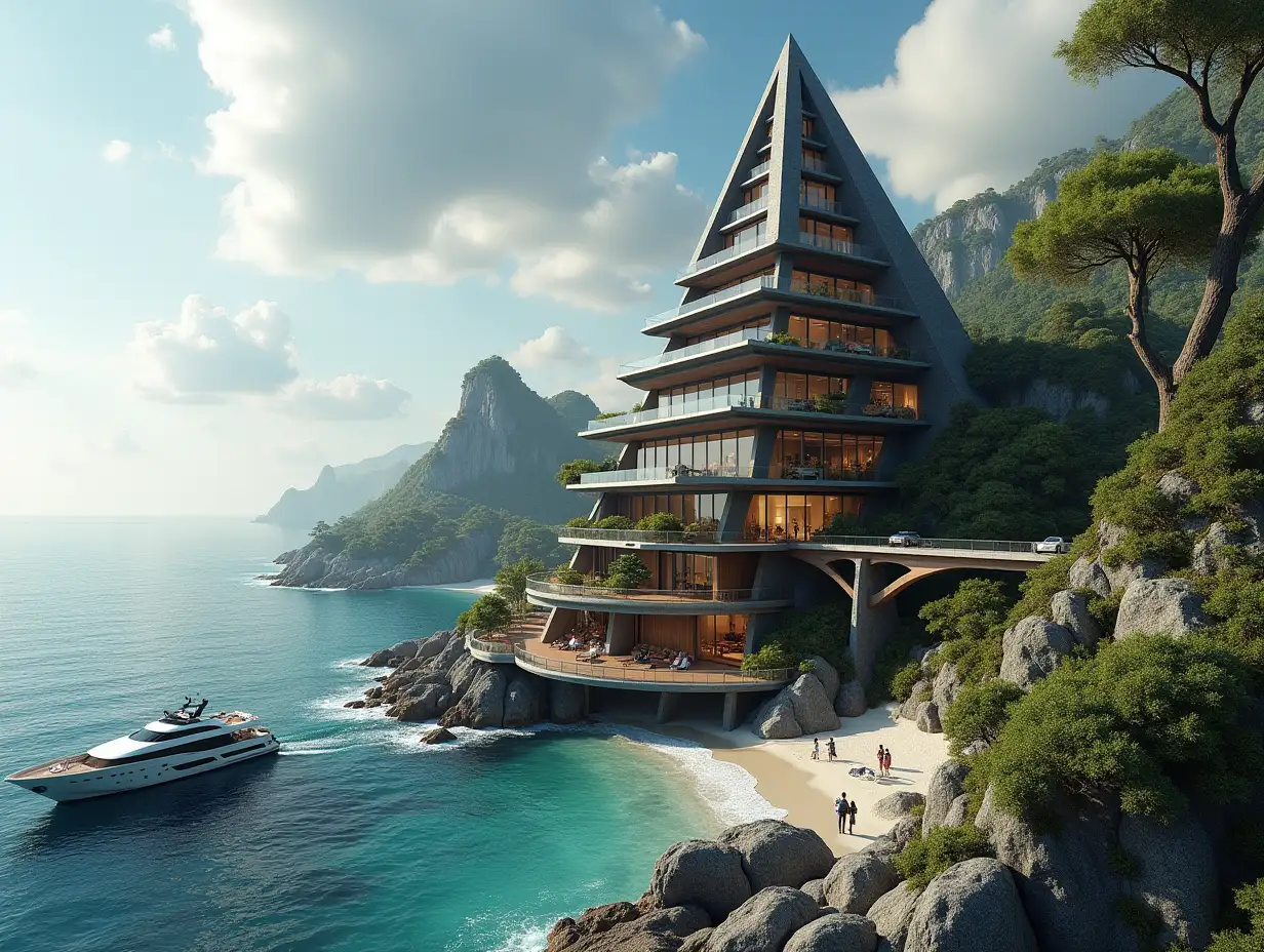 Create a high-resolution, realistic panorama image of a futuristic terrace building with window pyramid house with bridge, a yacht and a small beach with people, many plants and grey and brown facades with sea with waves, big trees,black clouds