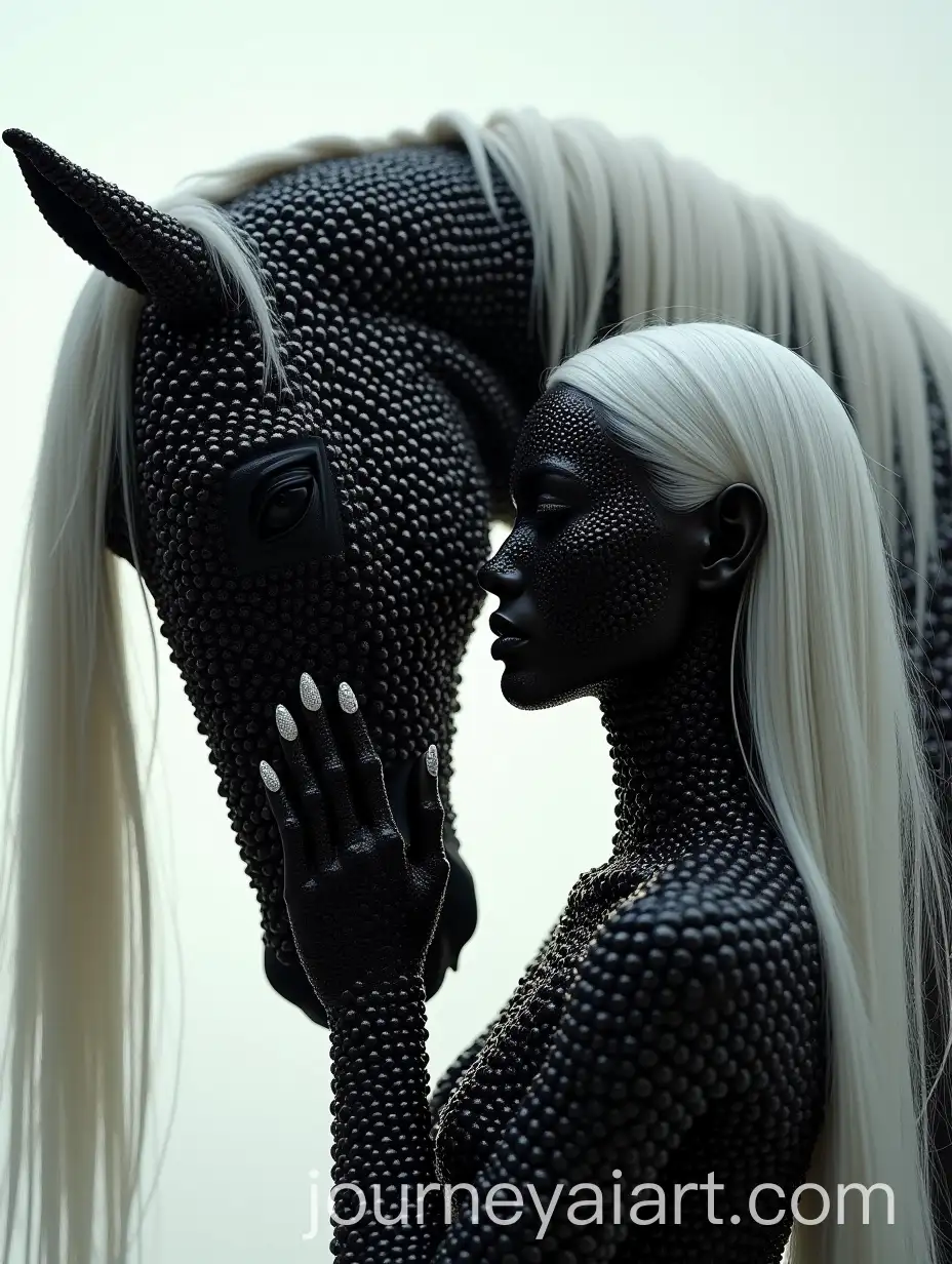 AvantGarde-Woman-and-Black-Horse-Adorned-with-Glossy-Pearls
