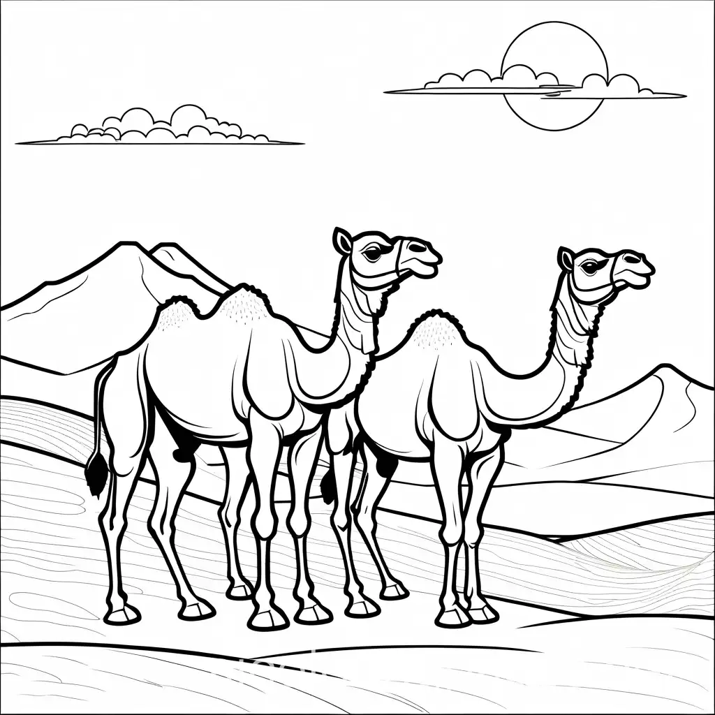 cartoon character of camels in a desert, Coloring Page, black and white, line art, white background, Simplicity, Ample White Space. The background of the coloring page is plain white to make it easy for young children to color within the lines. The outlines of all the subjects are easy to distinguish, making it simple for kids to color without too much difficulty