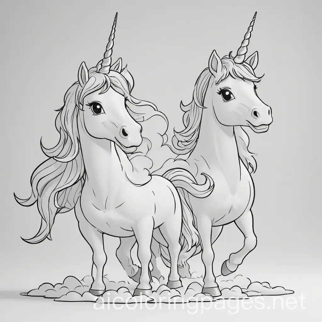 Unicorns farting, Coloring Page, black and white, line art, white background, Simplicity, Ample White Space. The background of the coloring page is plain white to make it easy for young children to color within the lines. The outlines of all the subjects are easy to distinguish, making it simple for kids to color without too much difficulty