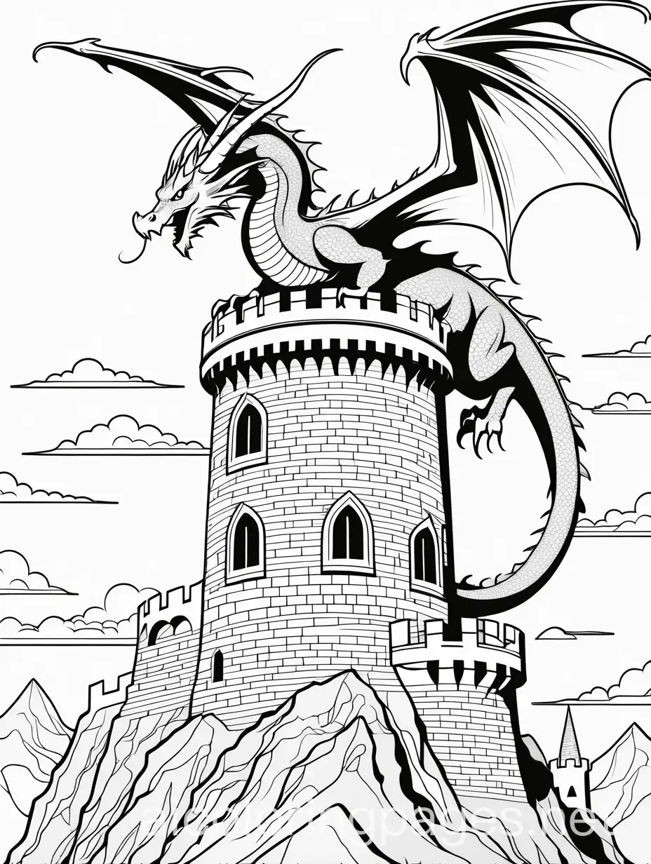 Black and white outline of a majestic dragon perched on a castle tower, with detailed scales and spread wings, suitable for an adult coloring book, Coloring Page, black and white, line art, white background, Simplicity, Ample White Space. The background of the coloring page is plain white to make it easy for young children to color within the lines. The outlines of all the subjects are easy to distinguish, making it simple for kids to color without too much difficulty