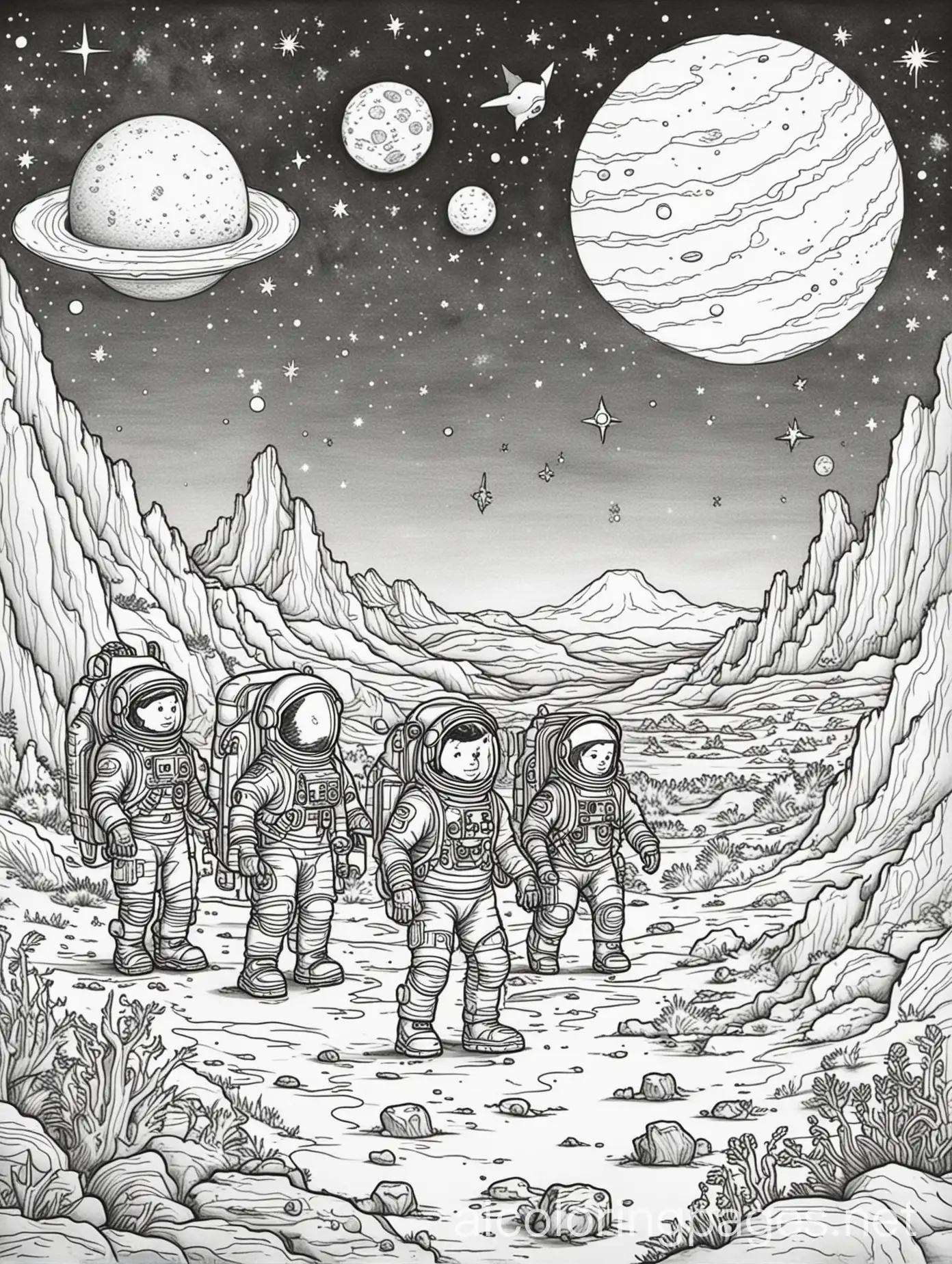 Space Adventure: Color a scene with astronauts, colorful planets, and friendly aliens having a party on the moon!, Coloring Page, black and white, line art, white background, Simplicity, Ample White Space. The background of the coloring page is plain white to make it easy for young children to color within the lines. The outlines of all the subjects are easy to distinguish, making it simple for kids to color without too much difficulty