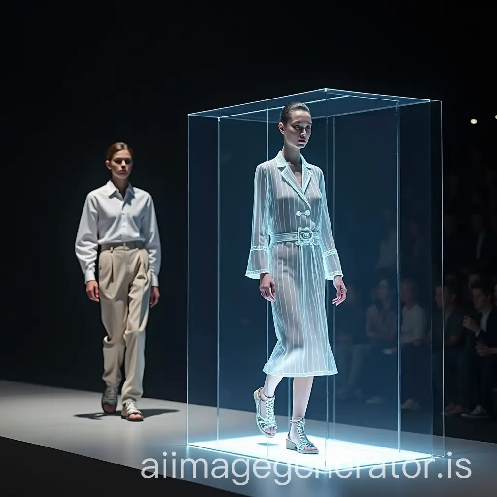 Herms-Fashion-Show-with-Model-and-Hologram-Displaying-Clothing-Composition-and-Prices