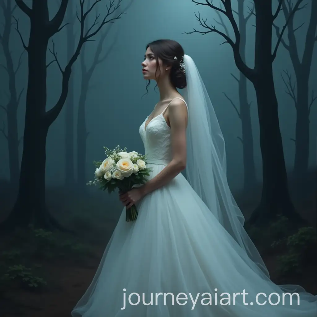 Sad-Bride-in-a-Foggy-Forest-at-Night-Holding-a-Bouquet