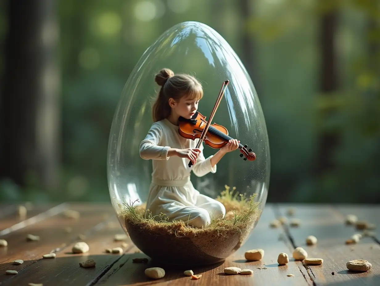 Create a glass egg with a woman inside playing a violin