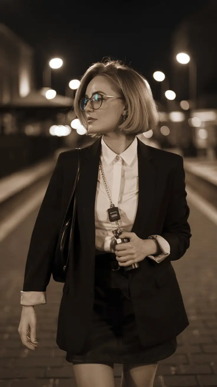 Confident Woman Walking with Pepper Spray Keychain at Night