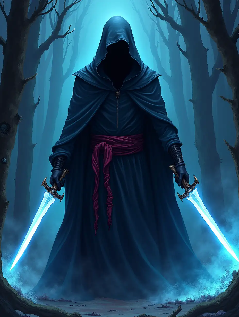 A ghostly assassin cloaked in shadows, dual-wielding poisoned daggers, cartoon drawing style, fantasy, bright colors, fantasy backgrounds