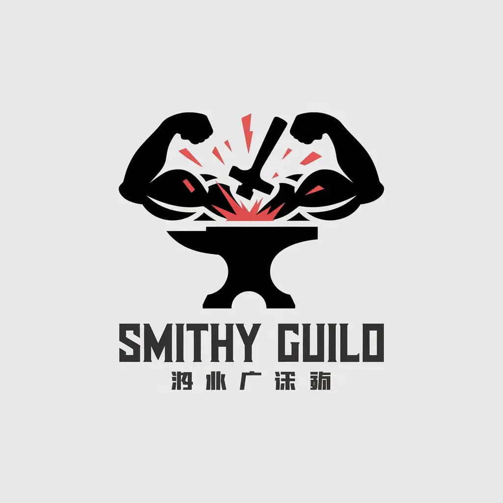 LOGO Design for Smithy Guild Hammer Anvil and Muscle Fusion Theme with Red Gray and Orange Colors