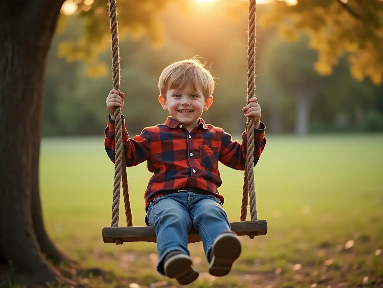 Young Boy on Wooden Swing in Natural Environment