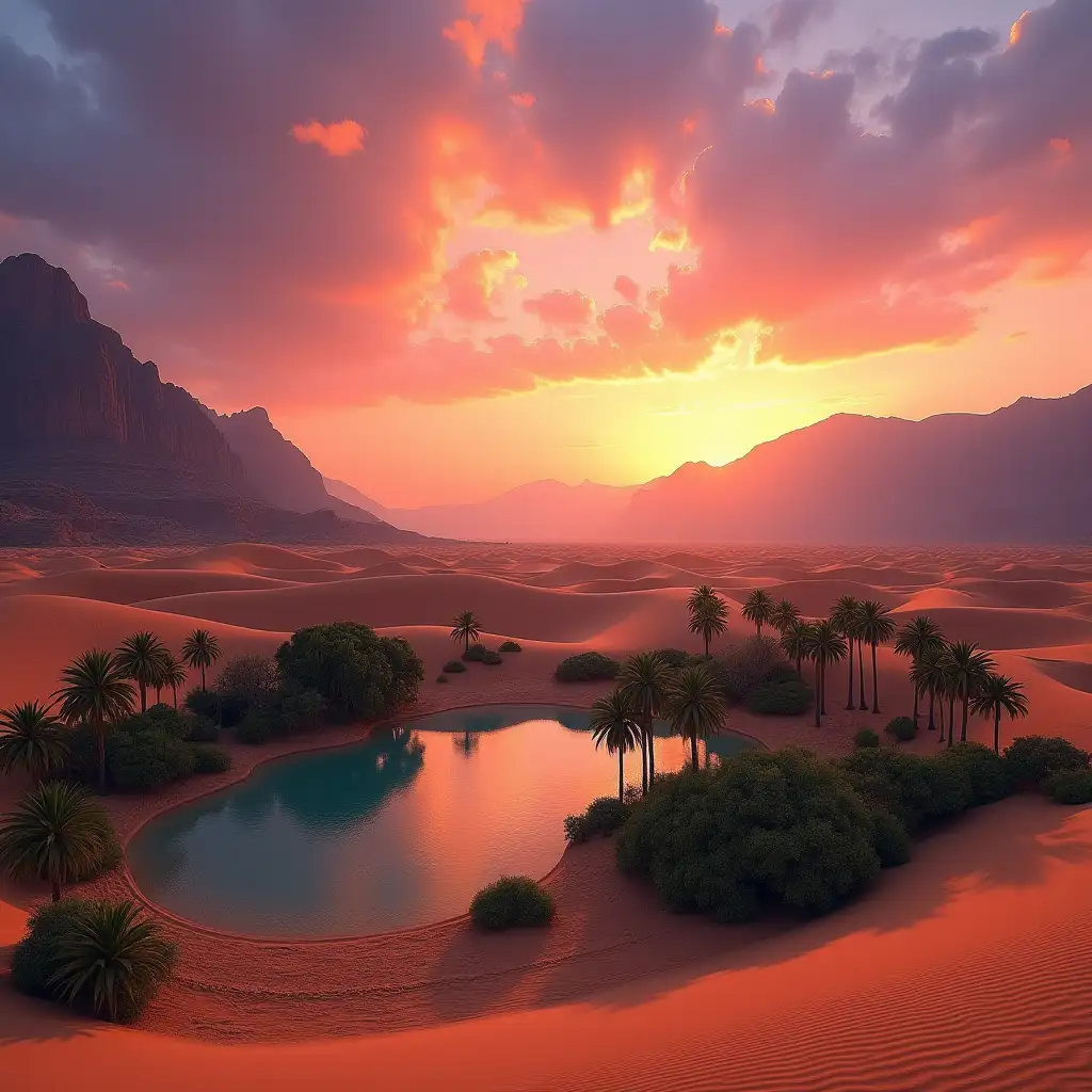 Desert-Oasis-at-Sunset-with-Vibrant-Sky-and-Towering-Sand-Dunes