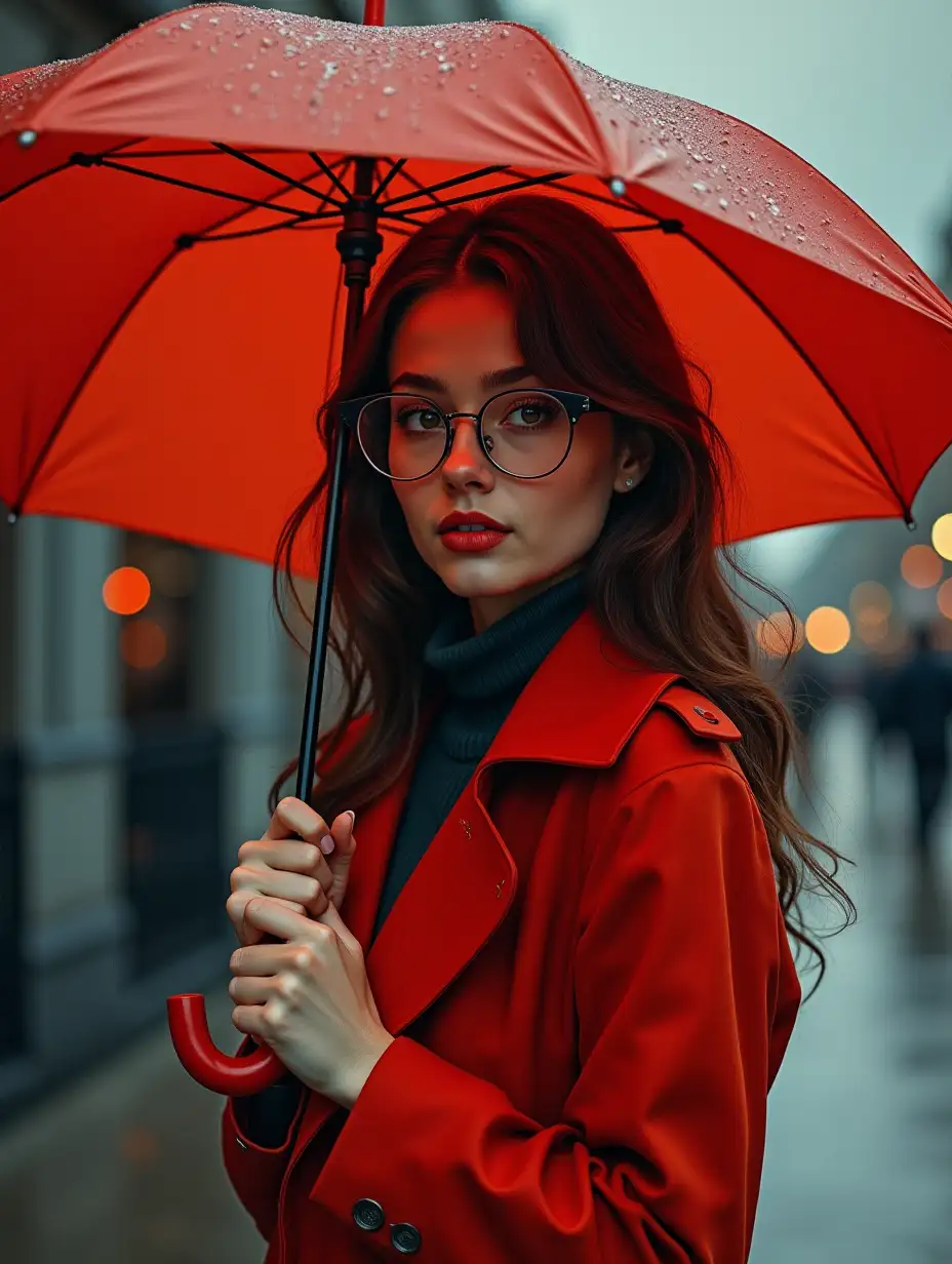 Autumn evening, twilight. A beautiful young woman in glasses and a red raincoat poses in close-up against the background of the street. She holds an open umbrella in her hands. Notes are flying around her head. surrealism, thick gouache, fine drawing.--ar 3:4