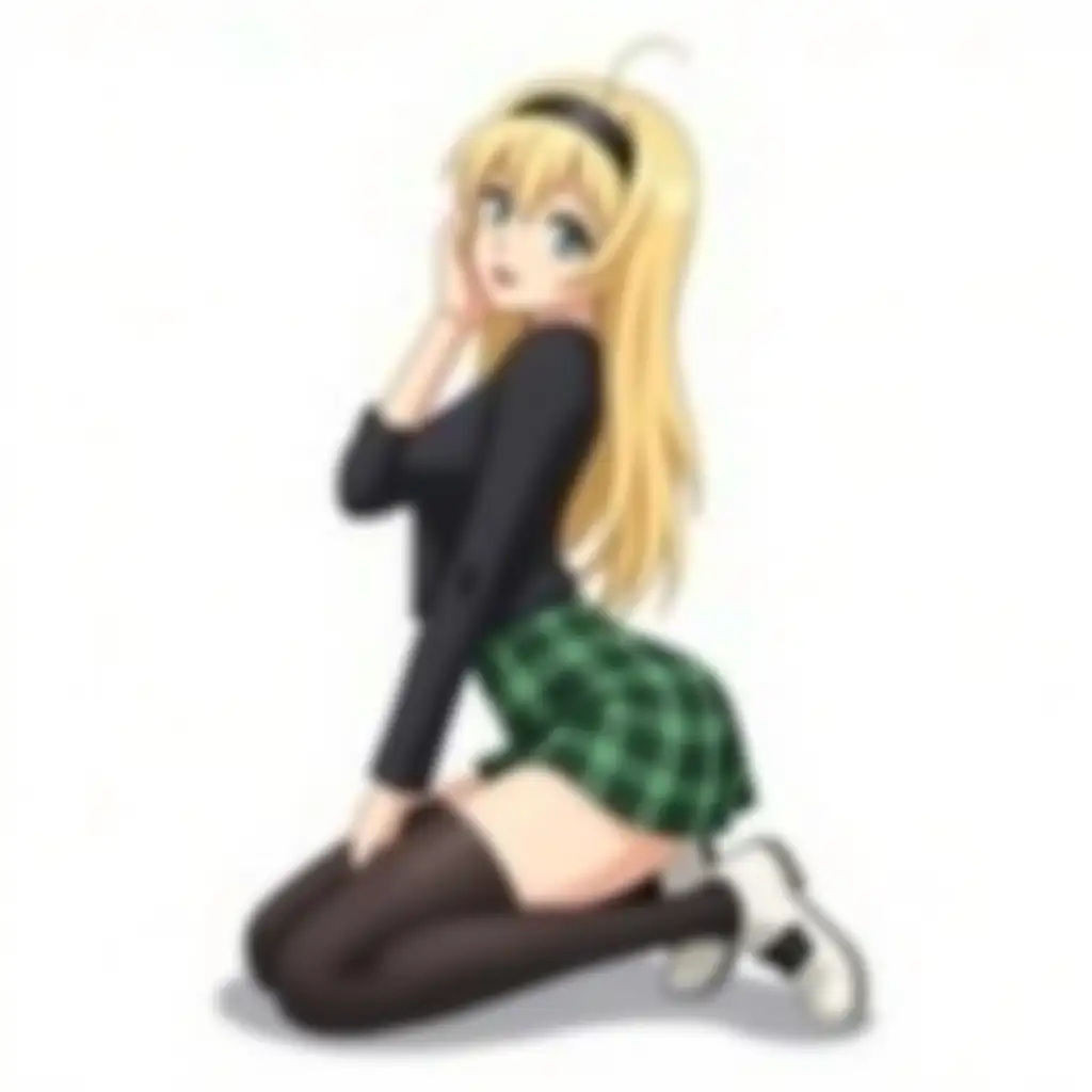 Young-Woman-in-Black-and-Green-Outfit-with-Teasing-Expression-in-Anime-Style