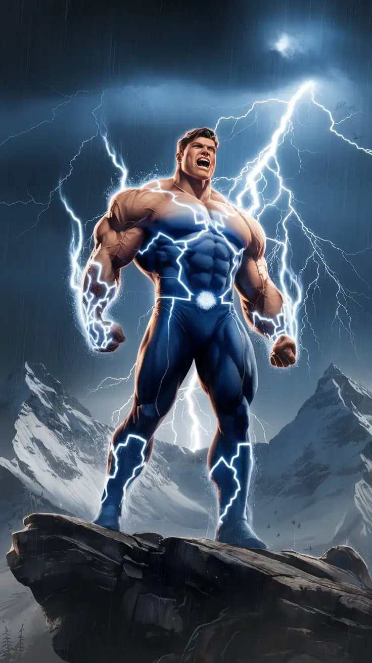 On a secluded mountain range. Supercharged brawn. Herculean powers. Blue electrical glow. 32-year-old superhero stands bellowing triumphantly in a lightning storm. Warrior of virtue. Hero of power. Man of destiny.