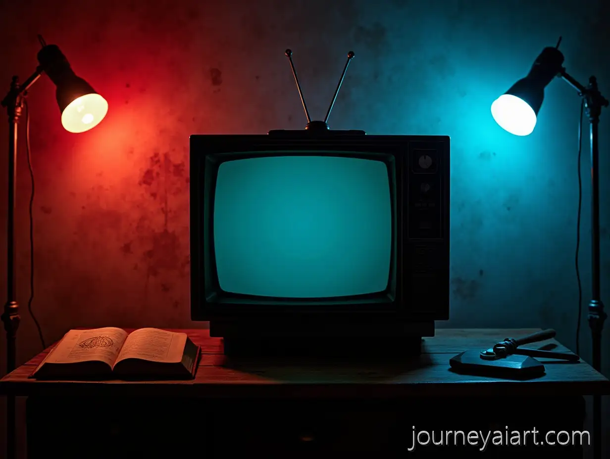 Vintage-70s-TelevisionAI-Image-Prompt-Expansion-on-Wooden-Table-with-Dramatic-Lighting-and-Symbolic-Accessories