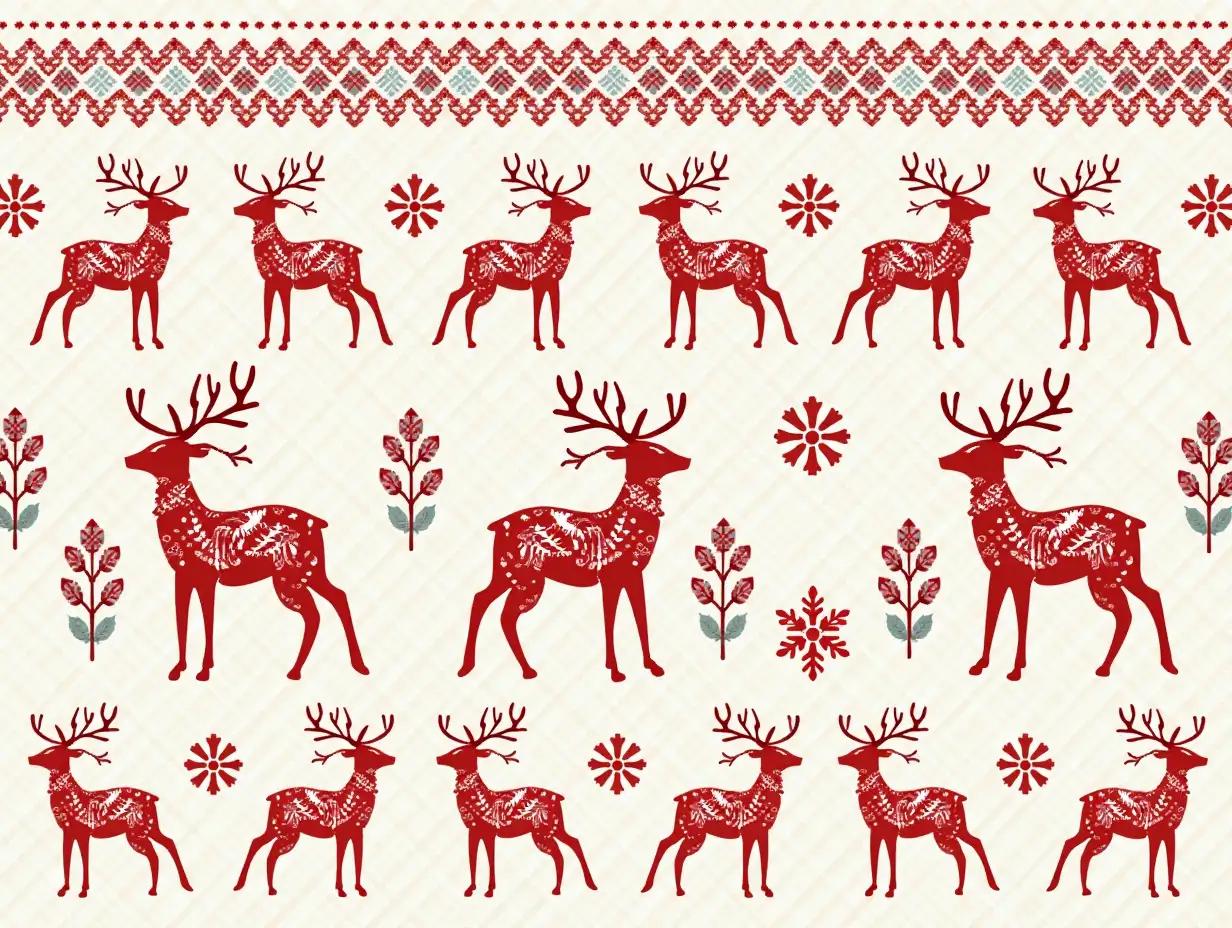 Vector illustration, Art style: embroidery, seamless design. Create a cozy, festive textile design with a repeating pattern of stylized reindeer on a creamy background. Use deep burgundy and navy blue for the reindeer, featuring intricate details and decorative motifs. Surround them with snowflakes and leafy designs in complementary colors for added winter charm. Aim for an aesthetic reminiscent of traditional Scandinavian knit patterns, evoking warmth and nostalgia. Balance the composition with alternating rows of reindeer and decorative elements, blending bold reds and blues against soft ivory. The style should have a clean, graphic look, perfect for festive holiday decor or cozy textile prints.