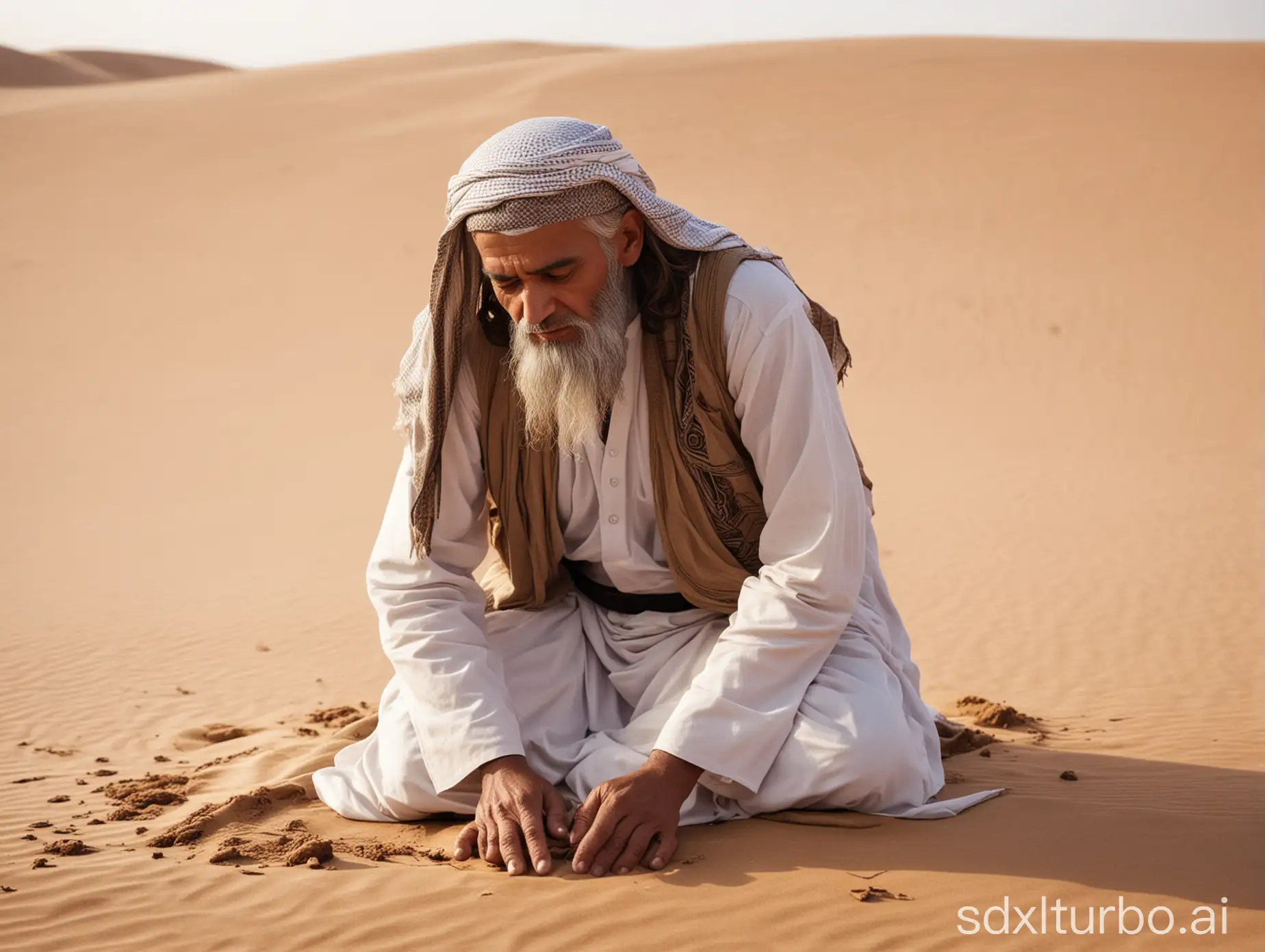 A long haired Muslim old pious man praying in sujood style with his head in the sand in a spiritual pose in the desert. side view