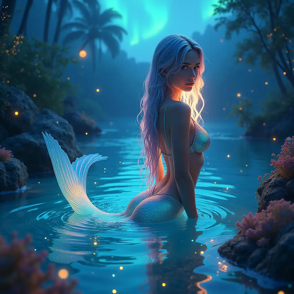 Hyper-realistic digital painting of an enchanting mermaid-like woman, half-submerged in a bioluminescent lagoon, iridescent scales shimmering on her lower body, flowing rainbow hair cascading like a waterfall, glistening wet skin with droplets catching moonlight, seductive pose with arched back, alluring facial features with piercing eyes, surrounded by glowing fireflies and bioluminescent sea creatures, ethereal mist rising from the water, aurora borealis dancing in the night sky, reflected in the crystal-clear water surface, lush bioluminescent vegetation on the shore, intricate underwater coral formations visible beneath the surface, lens flares and light rays piercing through the scene, painted with vibrant oil colors on a large canvas, visible brush strokes adding texture, ultra-high resolution 16K, photorealistic rendering, ray-tracing, volumetric lighting, depth of field effect, cinematic color grading, art style fusion of James Gurney, Josephine Wall, and Ross Tran, no watermark or signature, golden ratio composition, trending on ArtStation and CGSociety