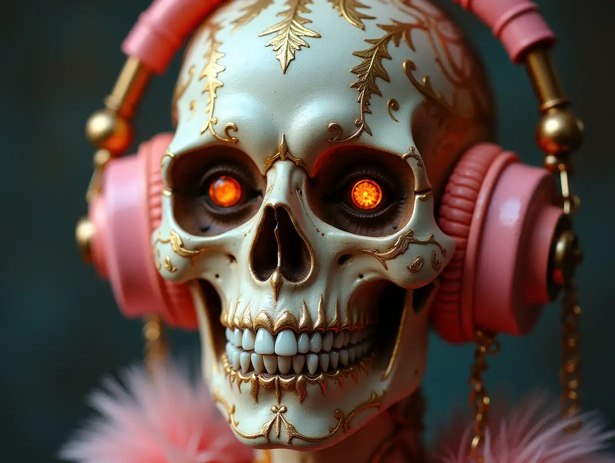 Cyber Totenkopf Zähne aus Gold with headphones with eyes, Porcelain and pink with golden ornaments Steampunk 100 mm Capture