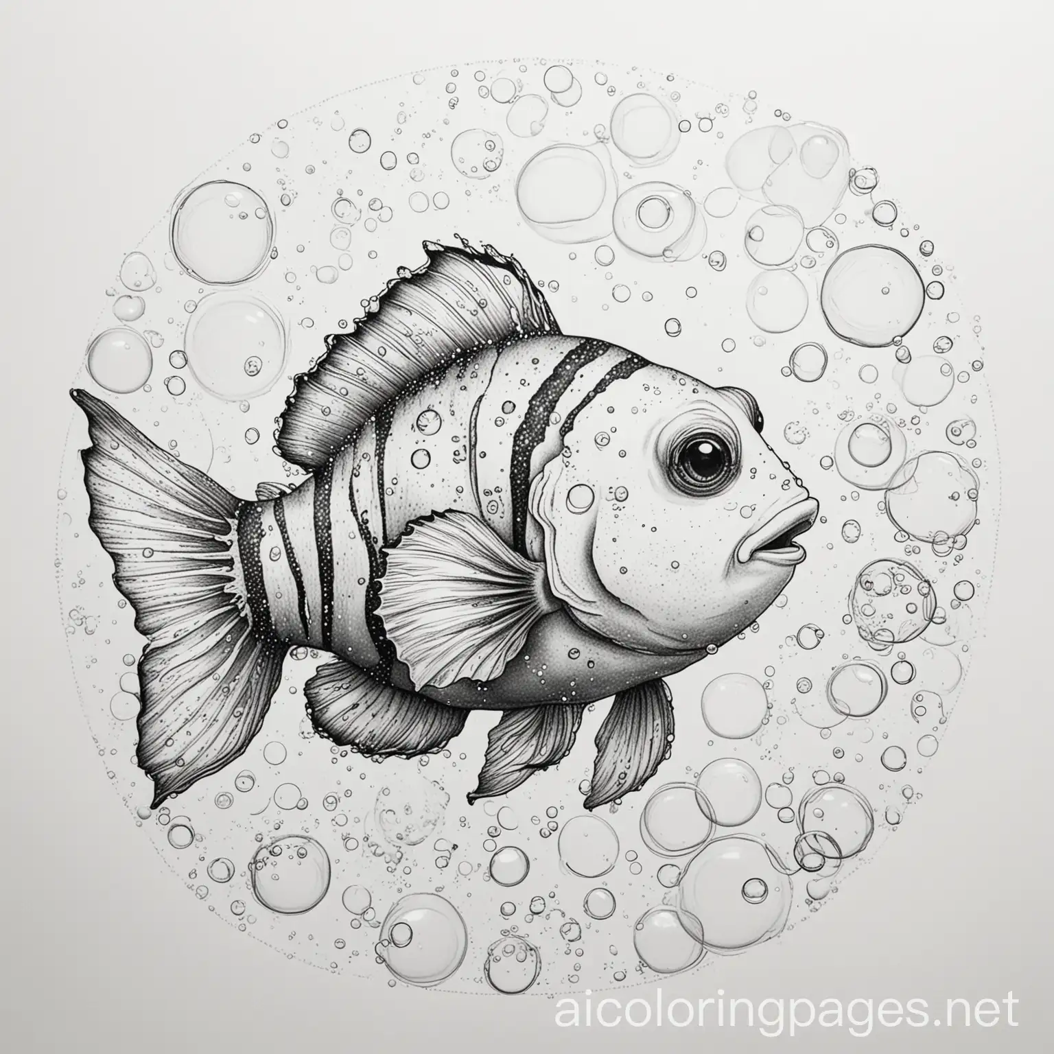 clown fish with bubbles and a mermaid, Coloring Page, black and white, line art, white background, Simplicity, Ample White Space
