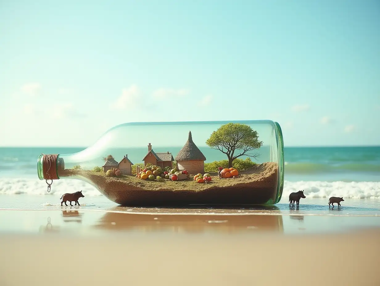 On a beautiful beach there is a large glass bottle, inside it is a small village, with very many tiny people, with fruit plantation, carriage, horses, pigs, quite big real photo, triple exposure, basic idea of something beautiful photo 120-mm shot