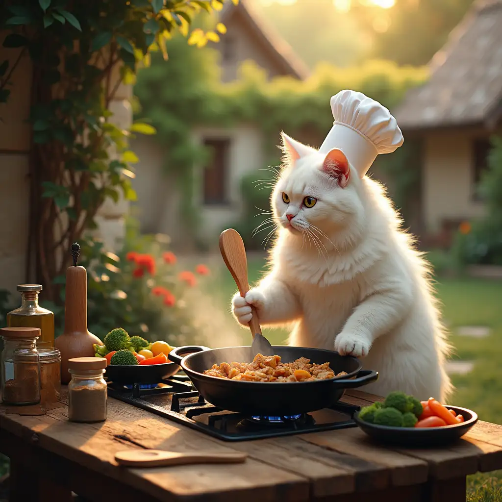 The fluffy white cat, still wearing its chef’s hat, stands by a gas stove beside the rustic wooden table. It is holding a wooden spatula in its oversized right paw, tossing pieces of chicken in a black cast-iron skillet. The chicken sizzles and begins to turn golden-brown, while chopped vegetables like bell peppers, broccoli, and carrots wait nearby in a large bowl. Steam rises dramatically from the skillet, adding life to the scene. The table features small jars of spices, a bottle of oil, and a wooden spoon. The surrounding garden and rustic cottages are illuminated by the warm sunlight, adding depth and charm to the setting.