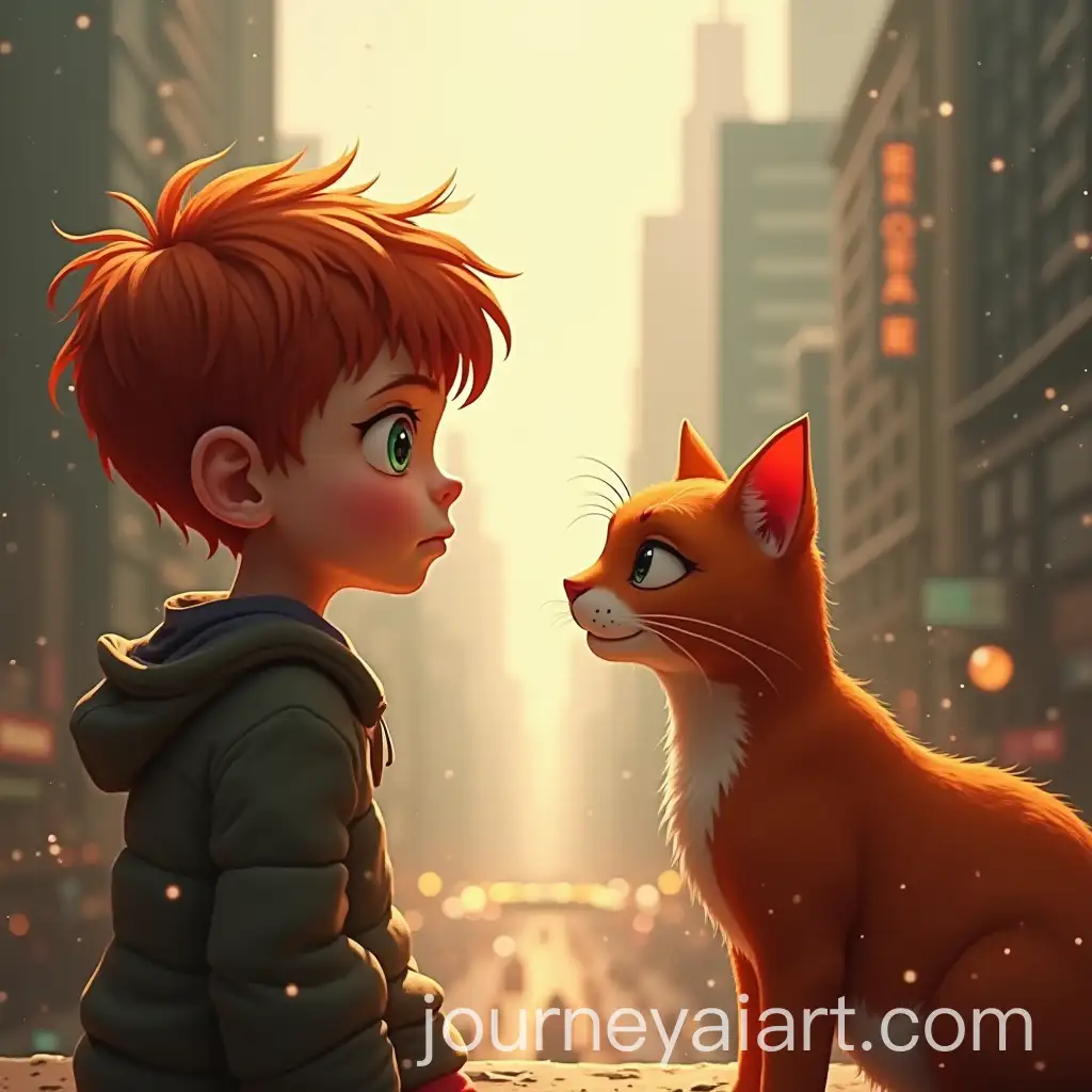 SixYearOld-Boy-with-Red-Hair-and-Green-Eyes-Meeting-Red-Cat-in-a-City-with-Skyscrapers