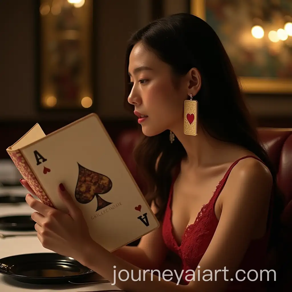 Asian-Woman-in-Luxurious-Restaurant-Holding-Menu-with-Oversized-Earring