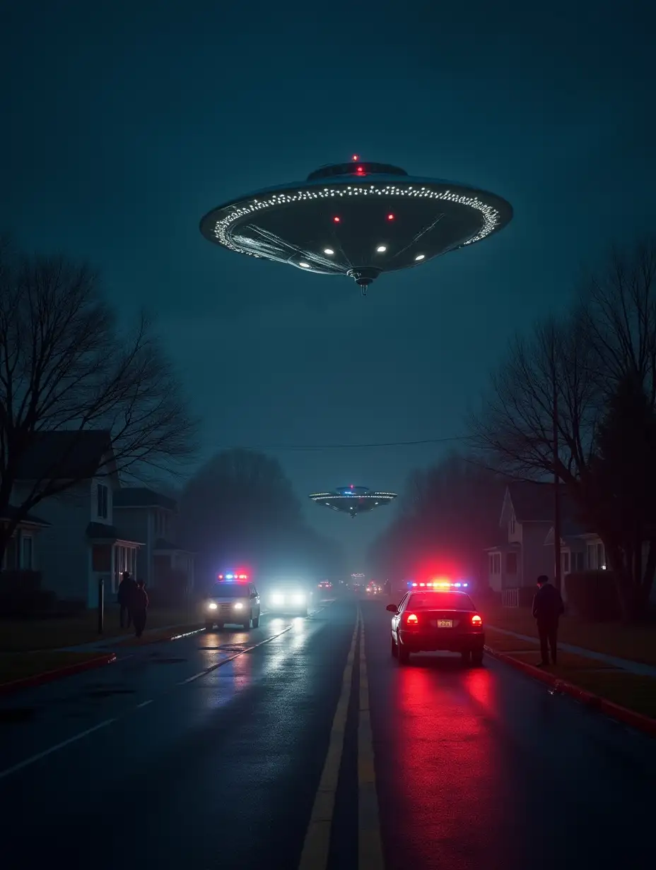 An ultra-realistic cinematic night scene of a suburban New Jersey neighborhood government helicopters with spotlights circle the area and land near restricted areas marked with barriers and armed officers. Tension mounts as police cars with flashing red and blue lights block the entrances, while surprised onlookers are pushed back by authorities. The atmosphere is highly secretive, and the shadows and reflections off the wet pavement heighten the sense that something extraordinary is hidden. The UFOs appear detailed and imposing, with intricate designs and glowing orbs, as if silently observing the scene. The viewer has the sensation of witnessing a covert and restricted event, shrouded in mystery.