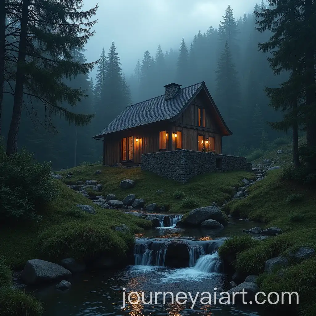 Cozy-Mountain-House-with-Gentle-Waterfall-in-Moody-Forest-Setting