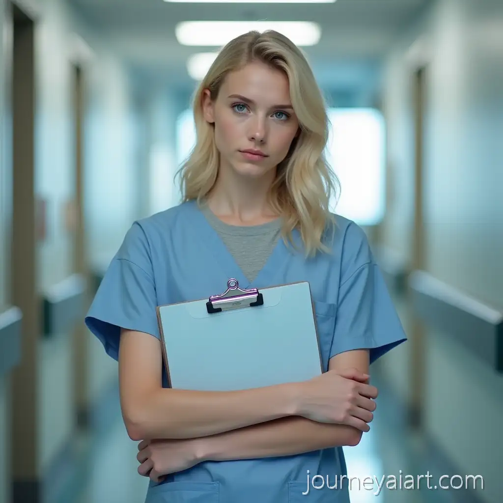 Young-Blonde-Nurse-in-Softly-Lit-Hospital-Corridor-with-Clipboard