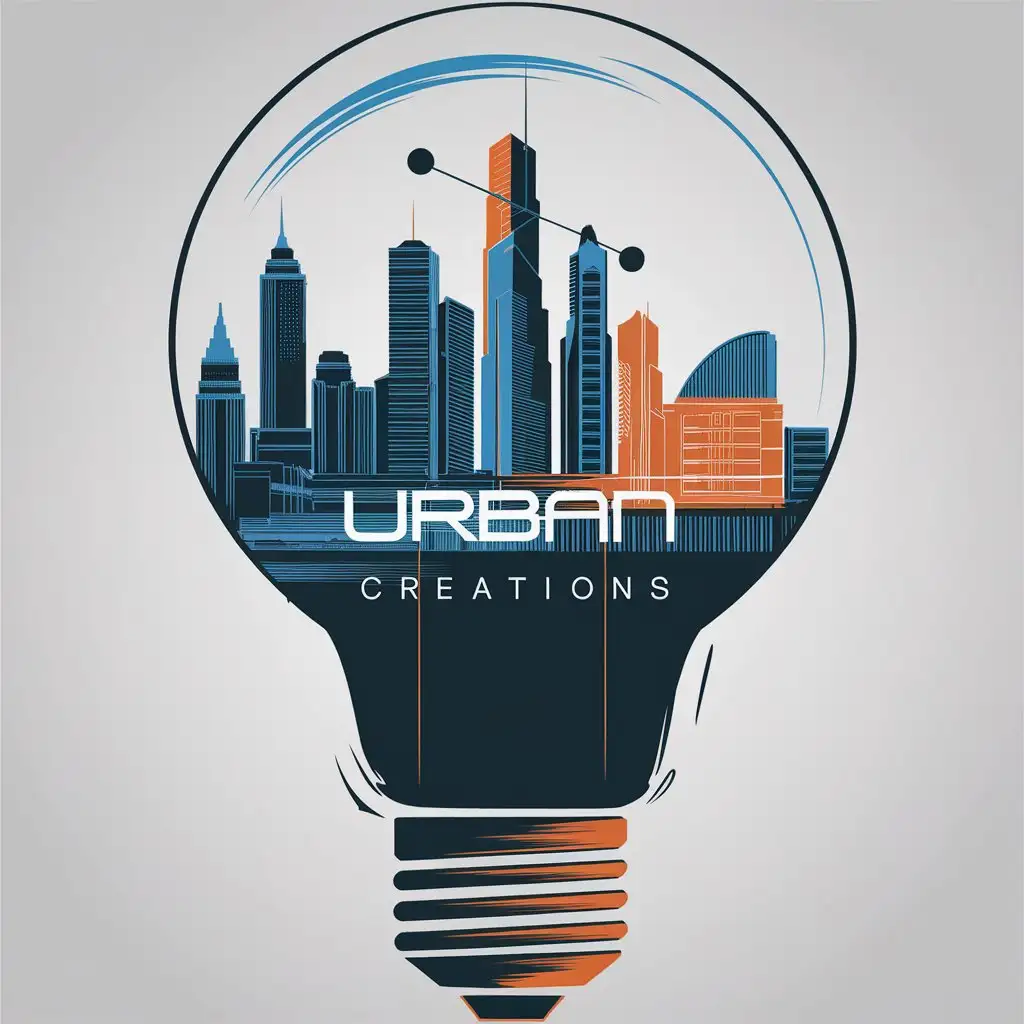 LOGO Design for Urban Creations Futuristic Skyline Inside Tech Light Bulb with Bold Color Palette