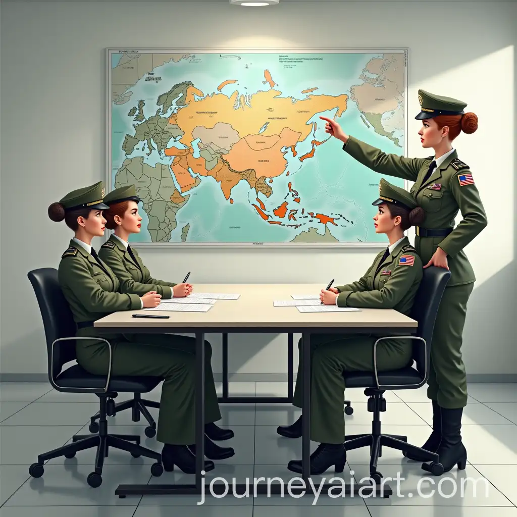 Russian-and-American-Military-Female-Pilots-Analyzing-Tactical-Map-in-Headquarters