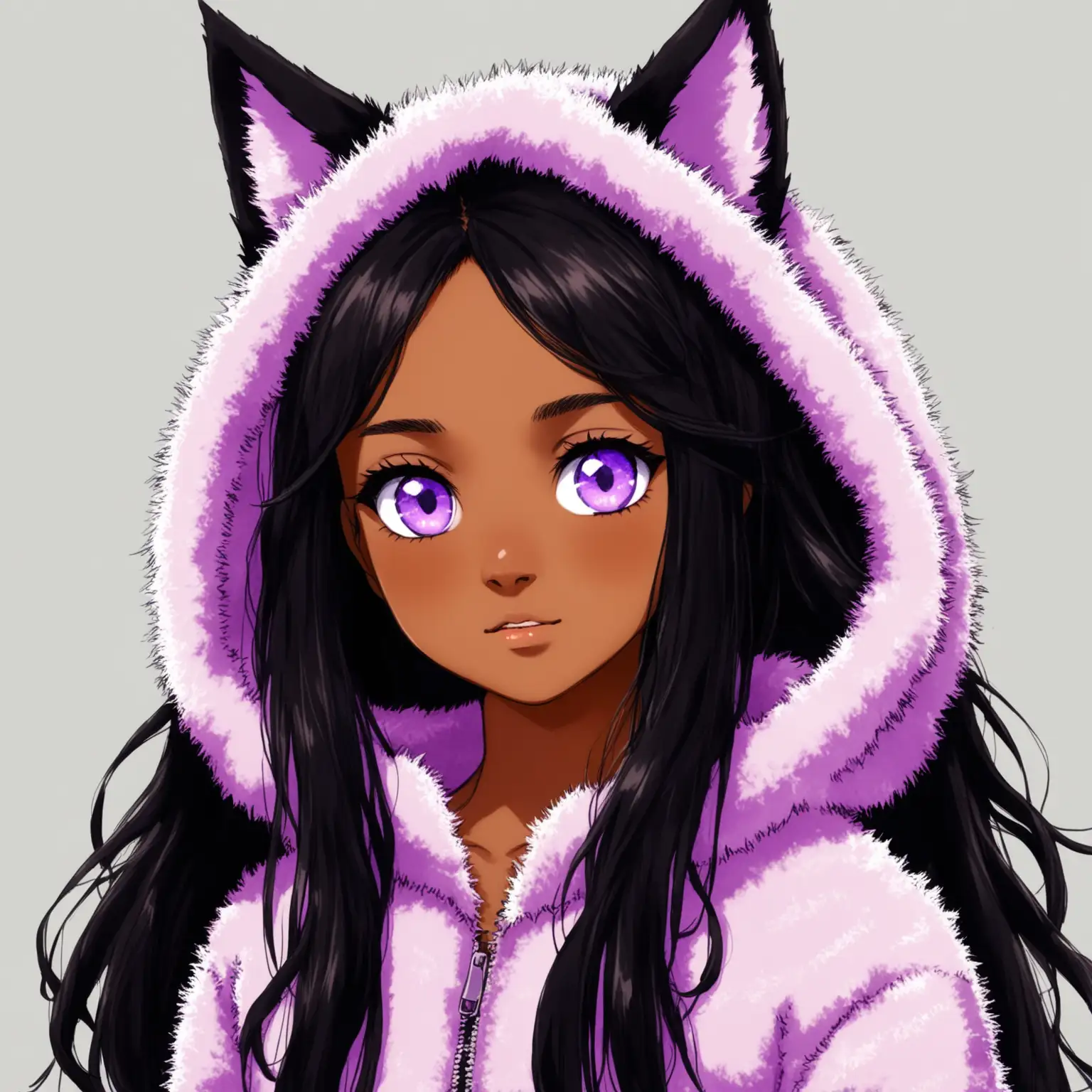 Brown Skinned Teenage Girl with Wolf Ears and Fuzzy Jacket