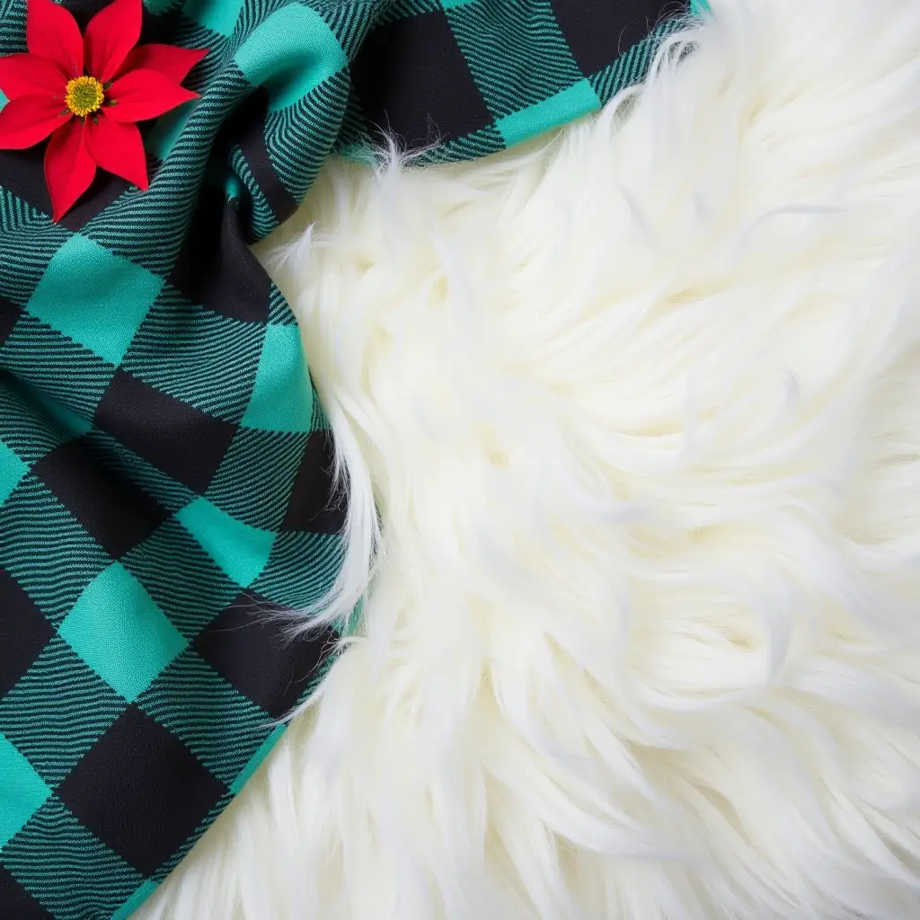 Aqua and Black Plaid Background with White Fur and Poinsettia Accents