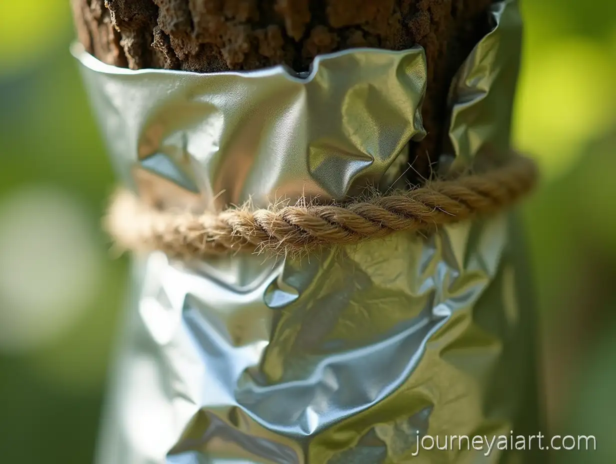 Closeup-of-Young-Fruit-Tree-Trunk-WrappedAI-Art-Prompt-Expansion-in-Aluminum-Foil-with-Hemp-Rope