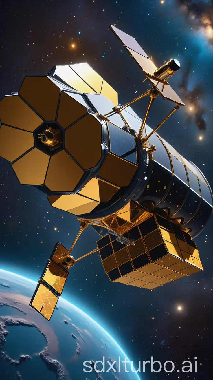 A futuristic space telescope floating in outer space, resembling the James Webb or Hubble Telescope. The telescope is surrounded by stars and cosmic dust. Its large, golden hexagonal mirrors should be reflecting the distant cosmos, while faint blue light beams emerge from the telescope, symbolizing its search for dark matter.