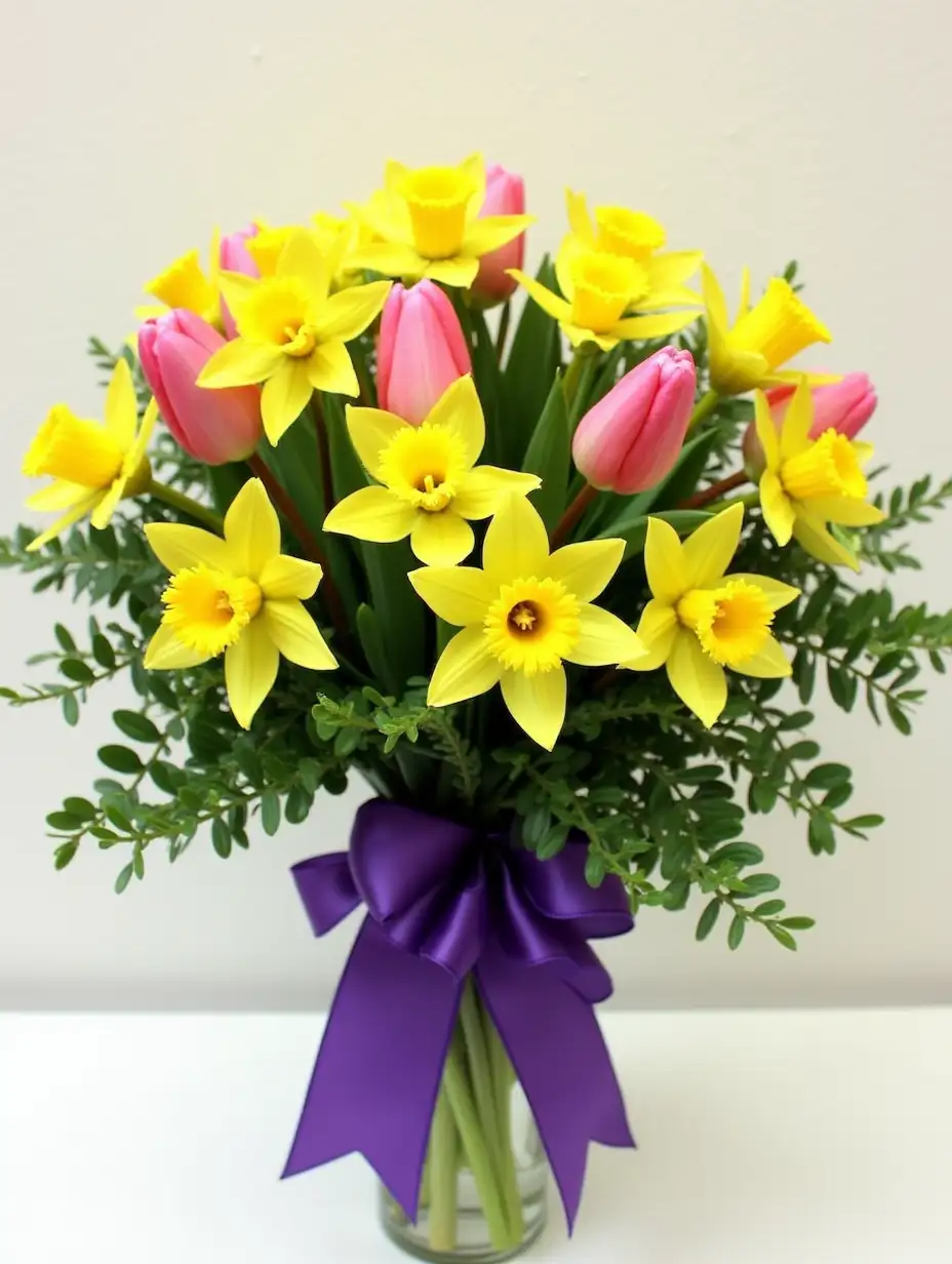Vibrant-Bouquet-of-Tulips-Daffodils-and-Ivy-Tied-with-Purple-Bow