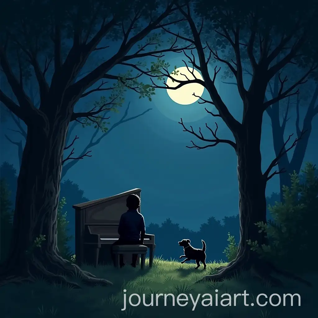 Moonlit-Night-with-a-Piano-and-a-Running-Dog-in-the-Garden