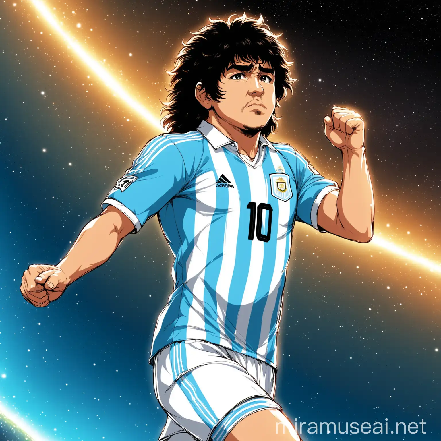 an anime football player similar to Maradona, Argentina football kit, heroic pose, in epic space anime