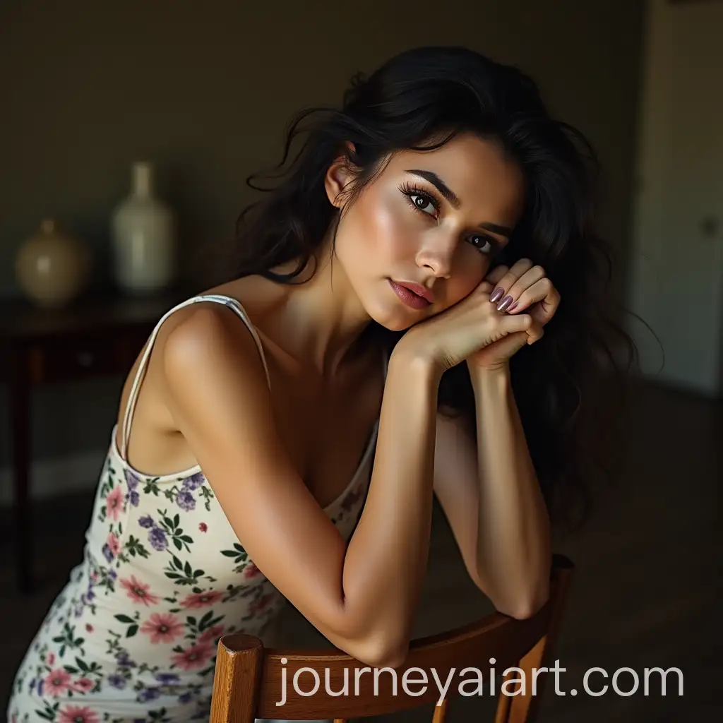 Actress-Zhaleh-Sameti-in-Strap-Tank-Flower-Dress-Leaning-on-Wooden-Chair