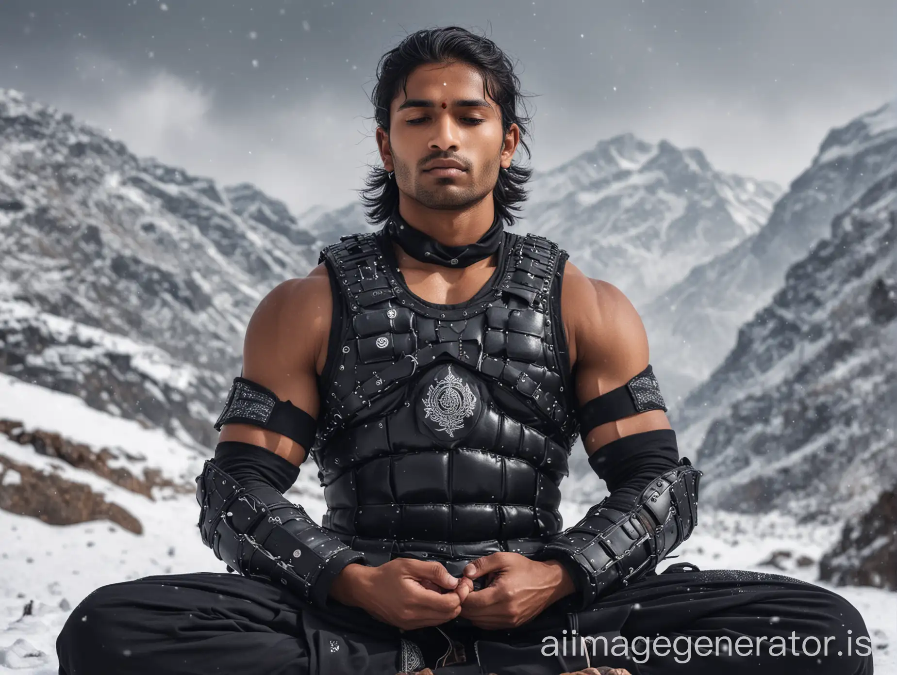 Serene-Indian-Warrior-Meditating-in-Snowy-Mountains